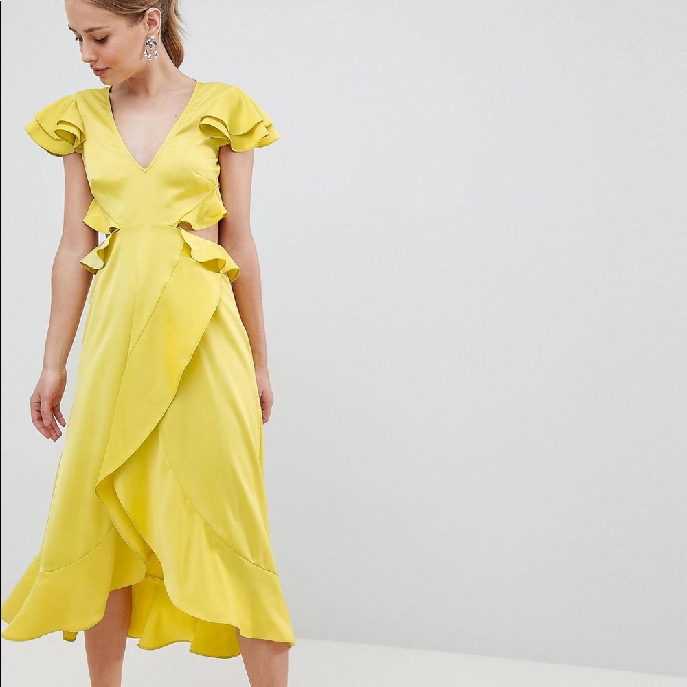 ASOS design chartreuse ruffle Midi dress in satin
